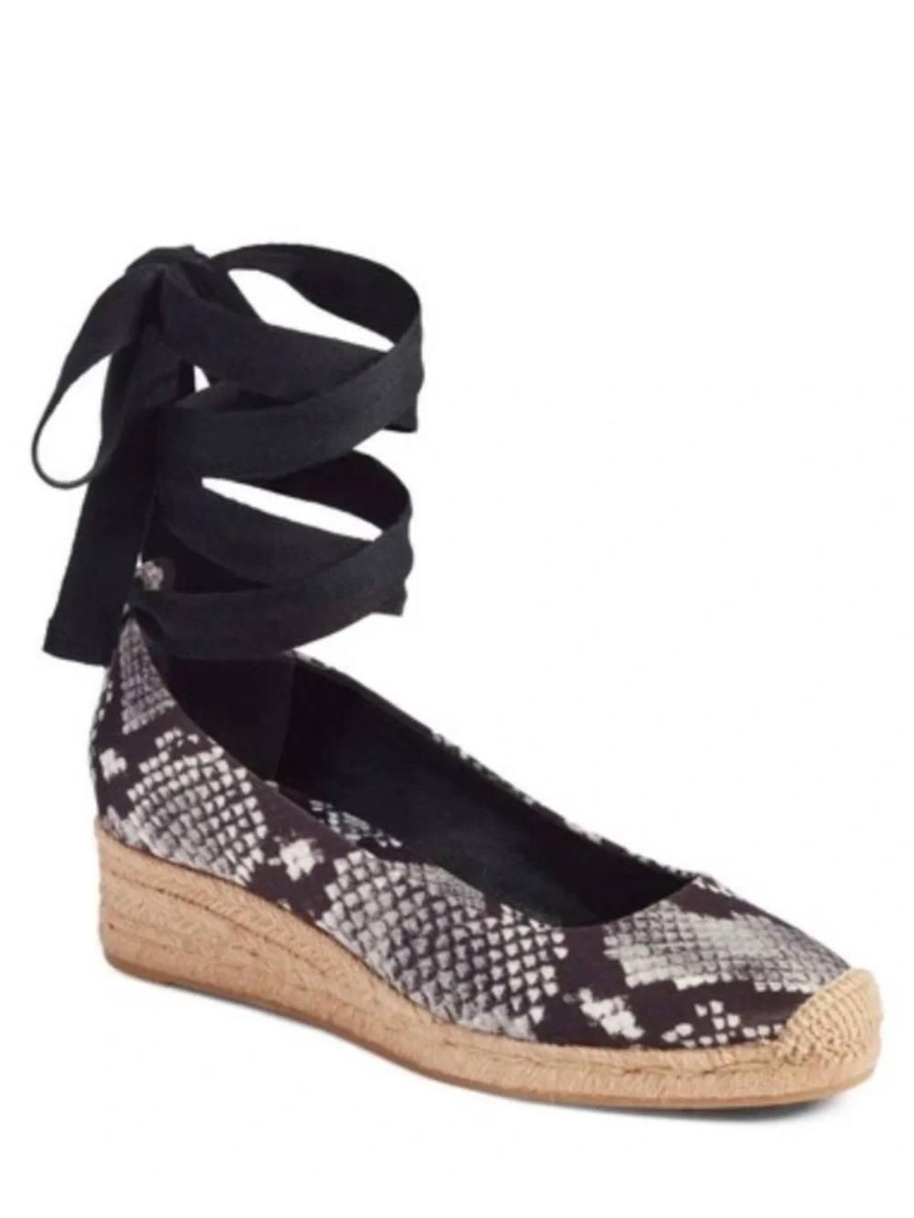 Tory Burch Heather Wedge Espadrille Black and White Snake-Print Satin Size 6